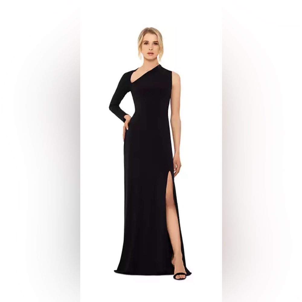 Betsy & Adam Asymmetric Shoulder Cutout One Long Sleeve Black Gown Size 4